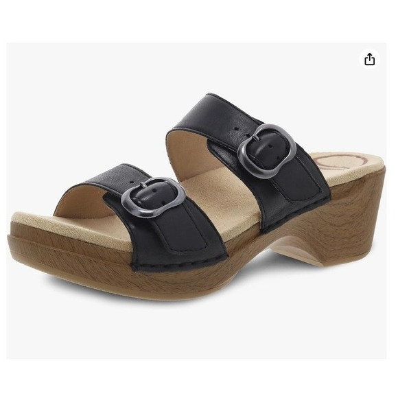 Dansko Shoes - Dansko Black Leather Sophie Slip on Wedge Slide Sandals Adjustable Buckle 41